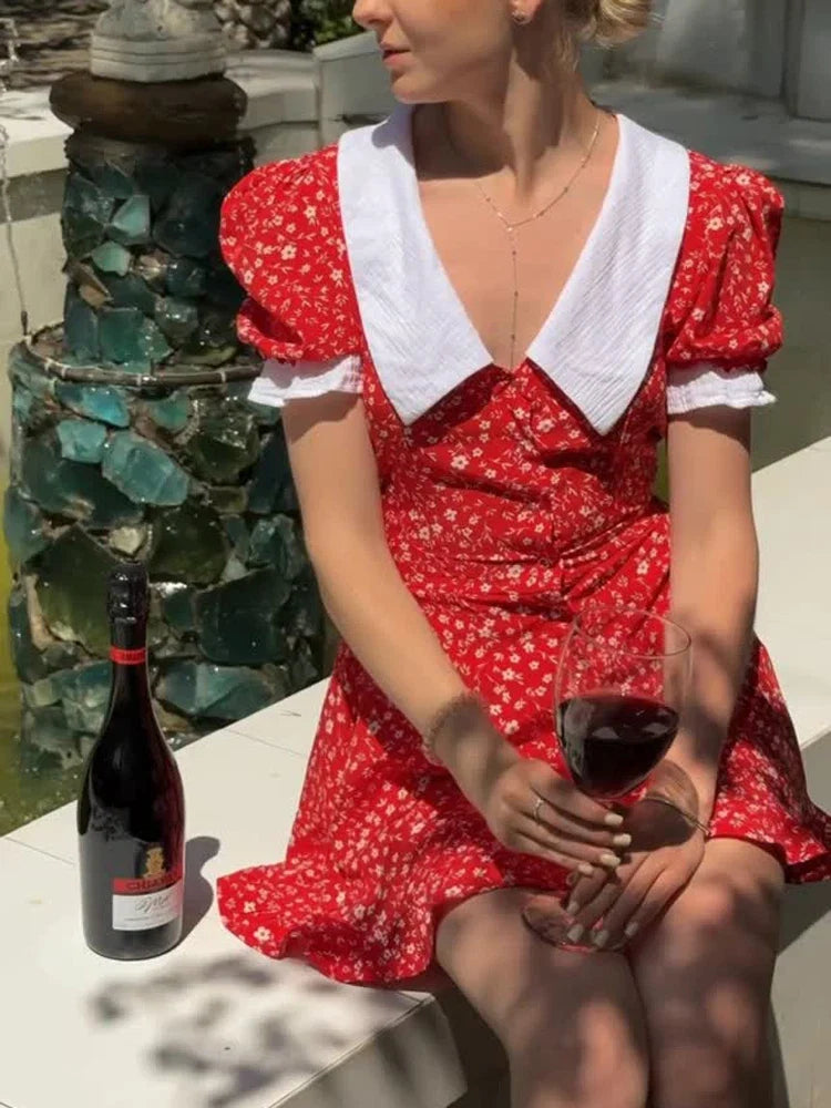 Women Sweet Floral Print Short Dress Elegant V Neck Puff Sleeves Layered Ruffles Vestidos 2026 Summer Female Party Chic Dresses