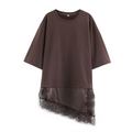 2025 Winter New Product Women's Slim Straight Round Neck Short Sleeve Asymmetric Hemp Splicing Lace T-shirt
