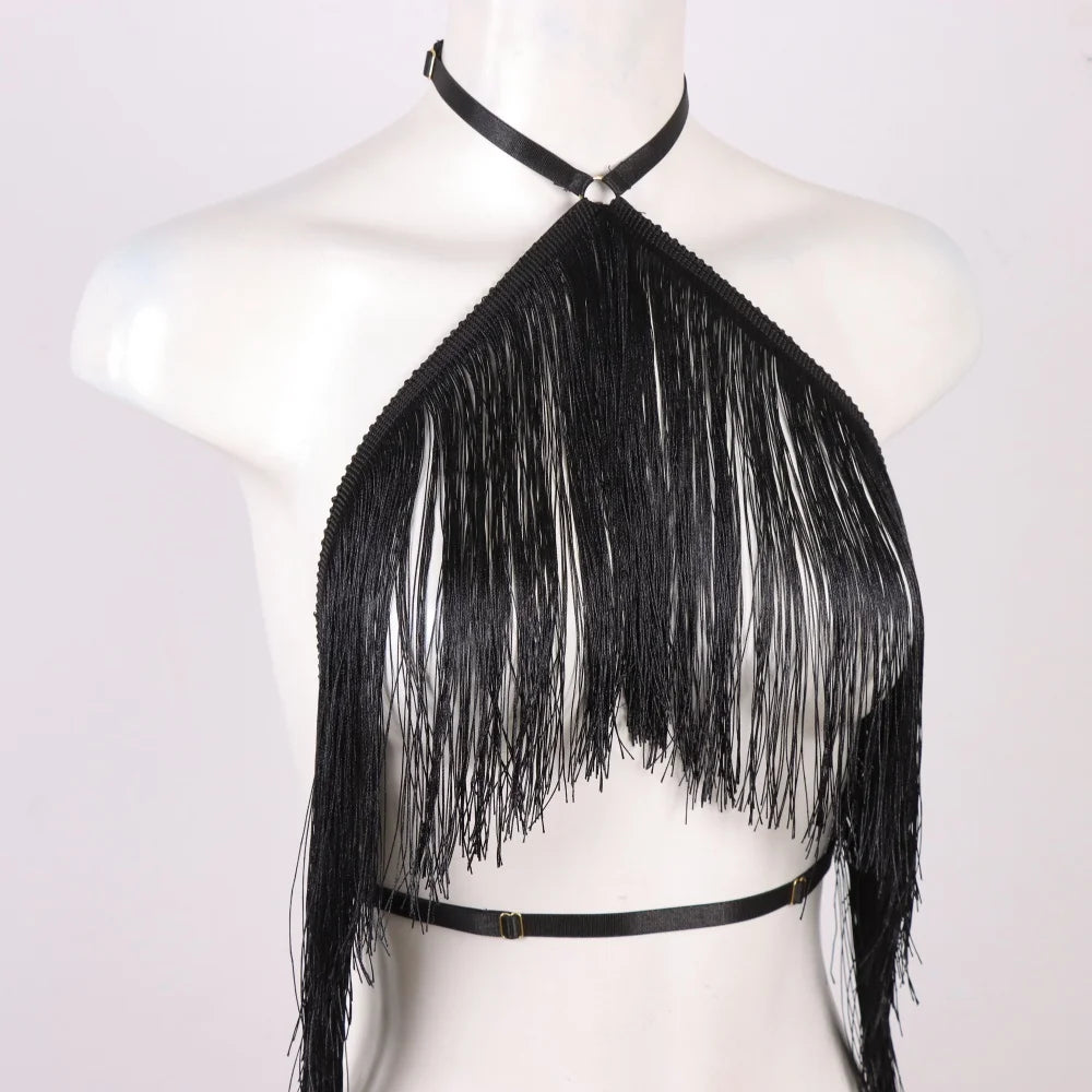 Women'S Black Tassel Halter Top-Adjustable Elastic Harness, All-Season Wear, Casual Attire Top,Tassel Detail Top