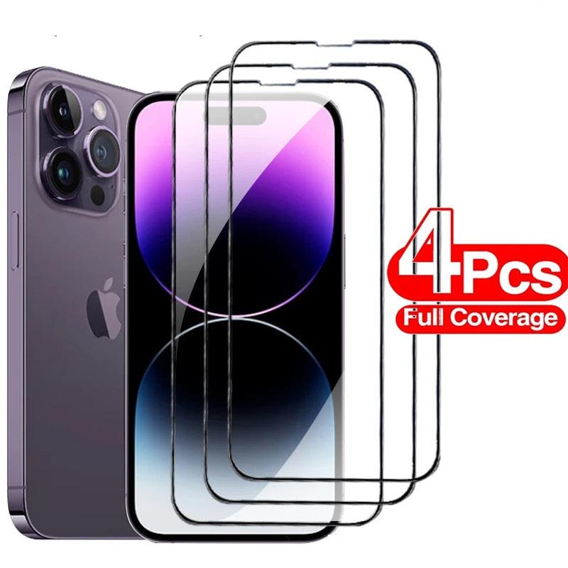 4PCS Tempered Protective Glass For iPhone 14 13 12 11 Pro Max Mini Screen Protector On iPhone 14 Plus 11 X XR XS Max 6 7 8 Glass Military Grade Shockproof Anti Yellowing Screen Protector by Stevvex