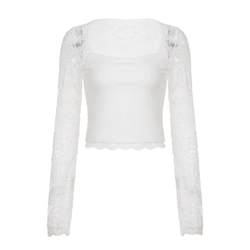 SUCHCUTE Lace-trimmed Patchwork Long-sleeve Tees Women Square Neck See-through Back Top Y2k Aesthetic 90s Sexy T-shirts Vintage