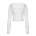 SUCHCUTE Lace-trimmed Patchwork Long-sleeve Tees Women Square Neck See-through Back Top Y2k Aesthetic 90s Sexy T-shirts Vintage