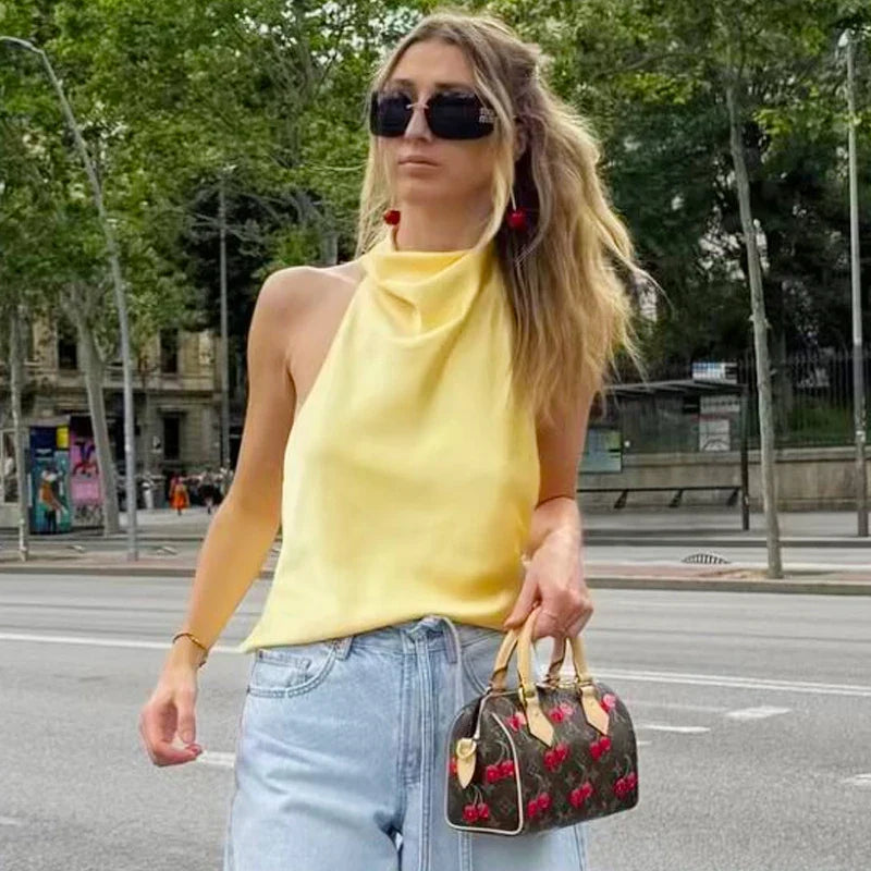 HXAO Top Women Halter Satin Women Tops Backless Corset Top Vest Yellow Pink Black Summer Elegant Sexy Tops Tank Vestidos