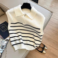 Korean Retro Lapel Zipper Stripe Knitted Vest Women Autumn Winter Sleeveless Sweater Casual 100% Polyester Pullover Outerwear