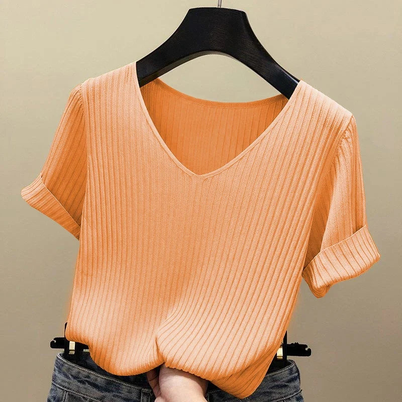 AOSSVIAO 2026 Basic V-neck Solid Thin Summer Women Pullover Female Thin Knitted Ribbed Sweater Slim Short Sleeve Bodycon Sweater