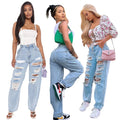 Torn Denim Women's Pants Elastic Jean Spring  Women's Fashion Ripped Jeans Casual High Waist Straight Leg Trousers