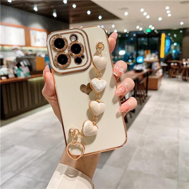 Luxury Mini Heart Shaped Love Bracelet Strap Phone Case Case with Chain Luxury Sparkle Love-Hearts Case with Strap Bracelet Slim Soft Protective Girly Cover For iPhone 11 12 13 14 Pro Max X XR XS Nice Heart Frame On 7 8 Plus SE Chain Phone Cover by Stevvex
