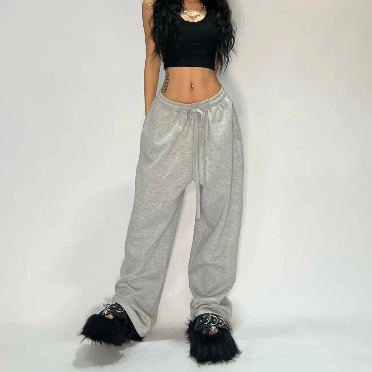 Y2k Gray Casual Pants Vintage Functional Tactical Men's Women's Premium Jogging Wide Leg Pants Drawstring Streetwear Sweatpants