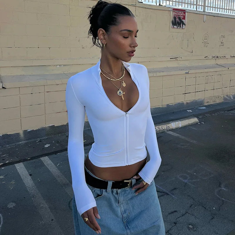 Huhugirl Summer Sexy Club Tees Zipper Tshirts Women Solid Tops Fashion Long Sleeveless V-Neck Streetwear Mini Slim Tops Blusas