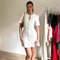 White Elegant Knitted Mini Dress For Women Metal Button Sexy Slim Rib Sweater Dress Holiday Party Outfits Autumn 2024 New