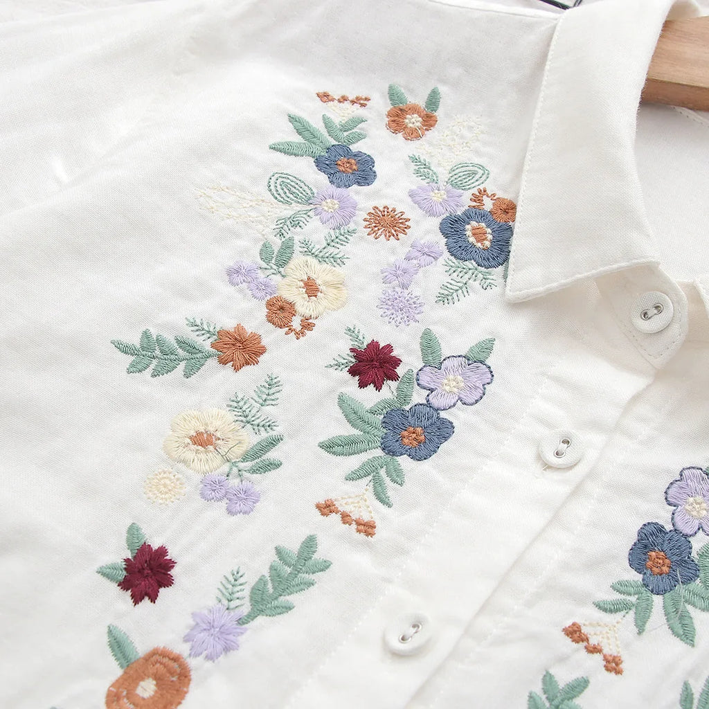 Spring Double 100% Cotton Yarn Shirts Women Turn-down Collar Loose Tops Girl Long Sleeve Embroidery Blouses 2024 Autumn T42909QM