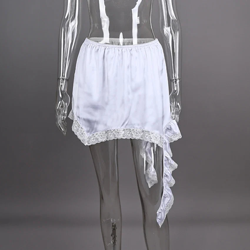 Linad Sexy Lace White Asymmetrical Midi Skirts Street Chic Satin High Waist Slim Skirt Summer Casual Solid Skirt Female 2025