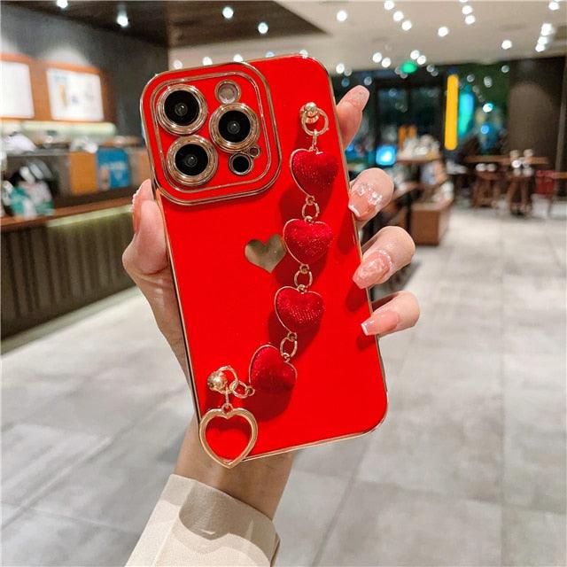 Luxury Mini Heart Shaped Love Bracelet Strap Phone Case Case with Chain Luxury Sparkle Love-Hearts Case with Strap Bracelet Slim Soft Protective Girly Cover For iPhone 11 12 13 14 Pro Max X XR XS Nice Heart Frame On 7 8 Plus SE Chain Phone Cover by Stevvex