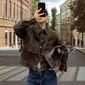 Street Women's Short Brown Suede Jacket Lapel Single Breasted Full Sleeve Pocket Female Coats 2025 Autumn Lady Commute Outerwear