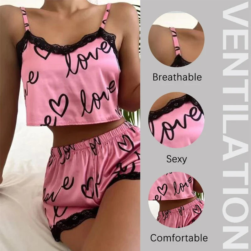 2 Pieces Set Women'S Pajama Shorts Suit Homewear Print Underwear Pijama Sexy Lingerie Camisoles Tanks Nighty Ladies Sleepwear