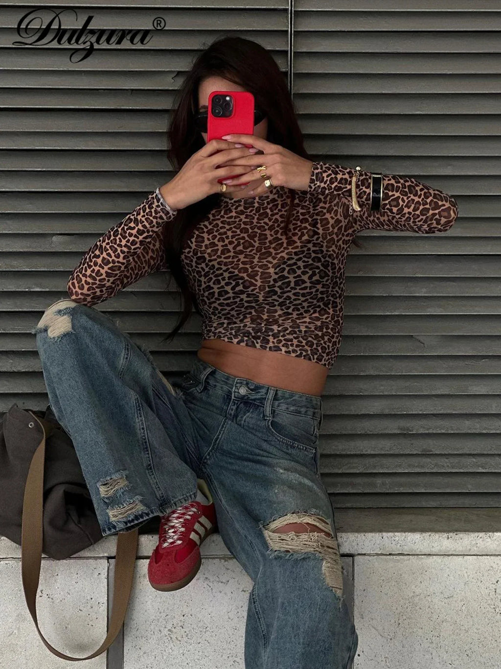 Dulzura Sexy Long Sleeves Tops Mesh T Shirt Leopard Printed Bodycon Women Clothes Lady Party Club Streetwear Casual Nightout Y2K