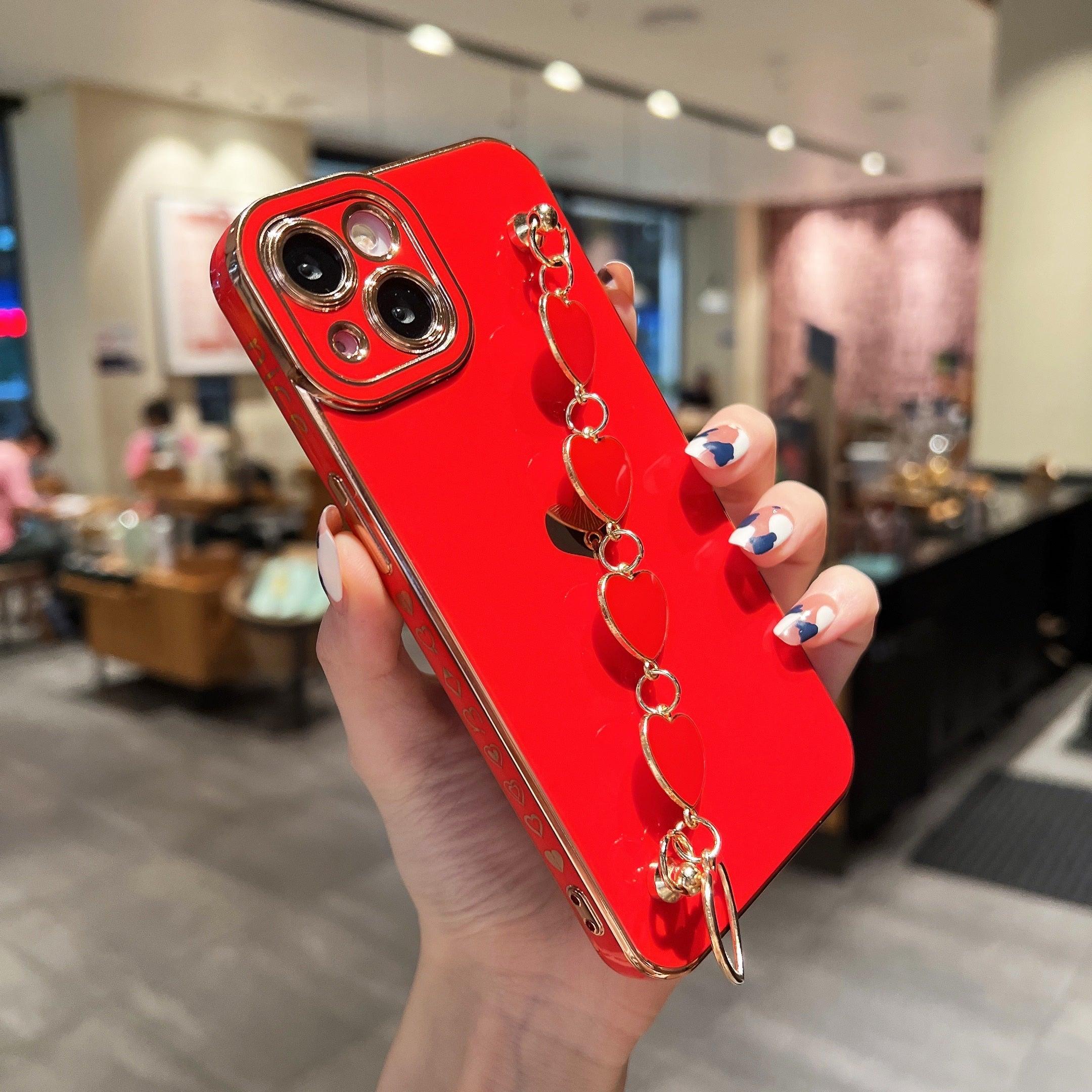 Luxury Love Heart Elegant Sparkle Case With Chain Bracelet Strap Soft Protective Bumper Cover Compatible with iPhone Bracelet soft case for iPhone 12 Pro Max 11 pro max X XS XR 7 8 Plus Stylish Phone Cover by Stevvex