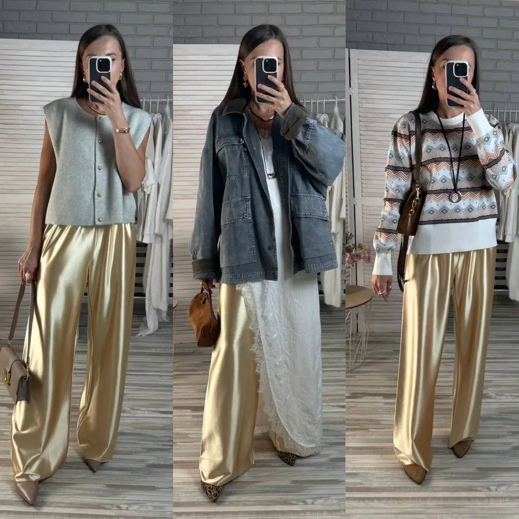 Satin Wide Leg Pants Long Floor Casual Pants Women's Summer