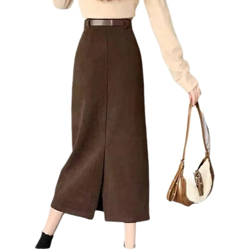 Retro Hong Kong Style Thickened Corduroy Solid Color Half-length Skirt Women's Autumn Winter Wraparound Skirt Mid-length Skirt