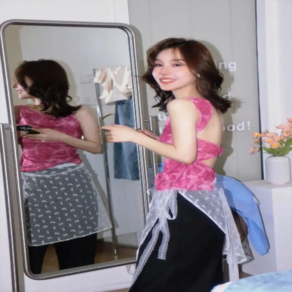 Fashion Lace Lace Layered Gauze Skirt Korean Version Unique Floral Skirt Lace Up Thin Lace Tie Up Spicy Girl Apron Spring