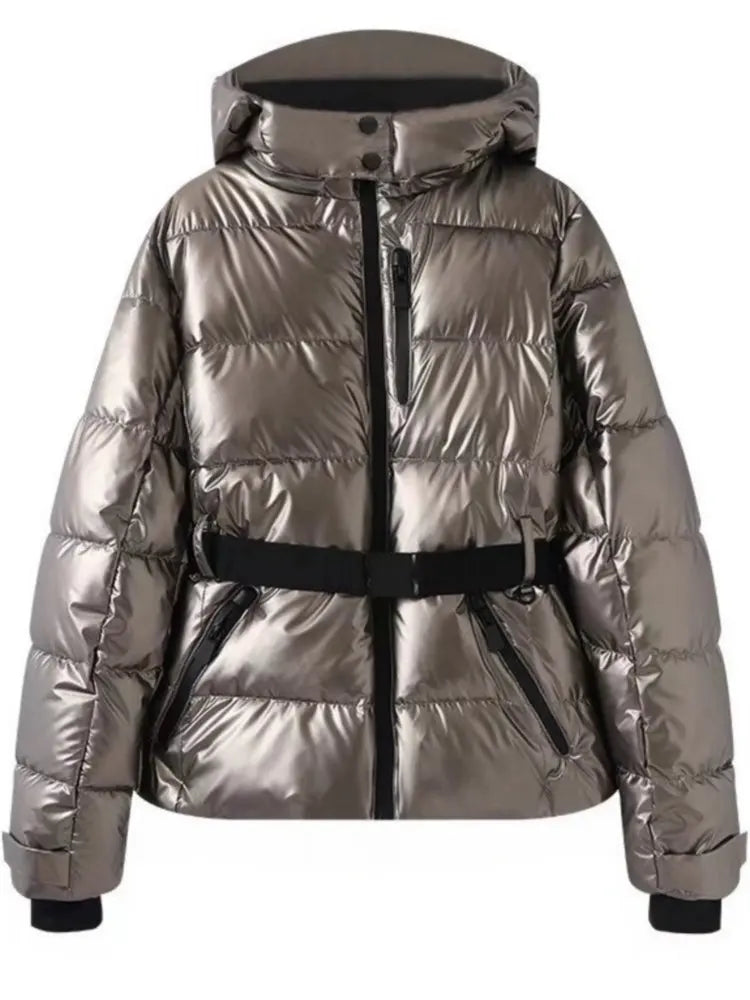2025 Women Winter Hooded Down Jackets With Belt Lady Warm Thick Long Sleeve Stand Collar Parkas Padded Coats Sports Ski Outdoor
