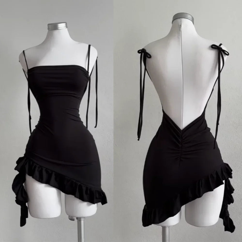2026 Sexy Sleelveless Backless Mini Dress Women Summer Europe America Lace Up Bodycon Dresses High Street Party Club Black Dress