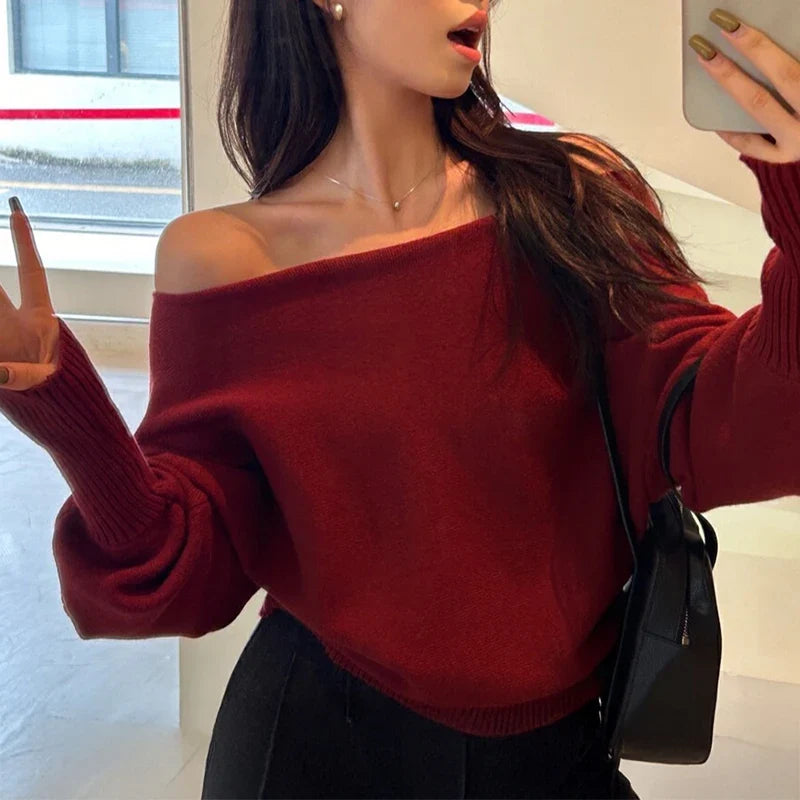 Off Shoulder Knit Top for Women Slash Neck Rib-knit Batwing Sleeve Sweater Pullovers Autumn Winter Korean Fashion Outfit