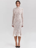 Mozision Lace Long Sleeve Sexy Midi Dress For Women Elegant White Half High Collar High Waist Bodycon Club Party Sexy Long Dress