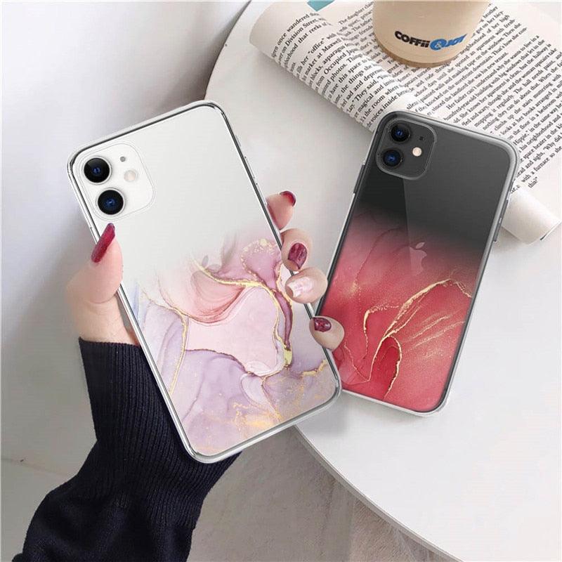 Luxury Marble Transparent Phone Case For iPhone 11 12 Pro XS Max X XR 7 8 Plus Soft Silicone Shockproof Cover Green Marble Design Gold Sparkly Glitter Protective Stylish Slim Thin Cute Case for Phone by Stevvex