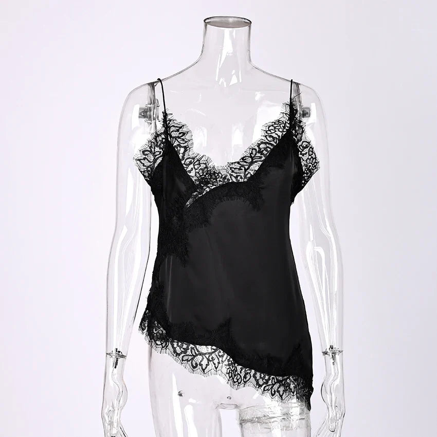 Linad Sexy Black Backless Lace Camisole Women Street Chic Spaghetti Strap Tops Female Casual Patchwork Silk Vest Female 2025