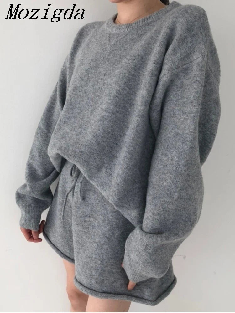 Korean Style Sweater Two 2 Piece Set Women Vintage Autumn Winter Pullover Knitted Tops + Casual Shorts 2 Piece Outfits Female