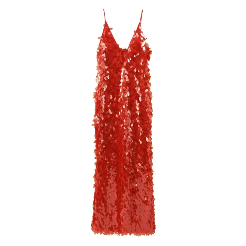 Fashion Sequined V Neck Sling Dress Women Evening Party Sleeveless Backless High Waist Maxi Dresses 2024 New Christmas Gown Robe