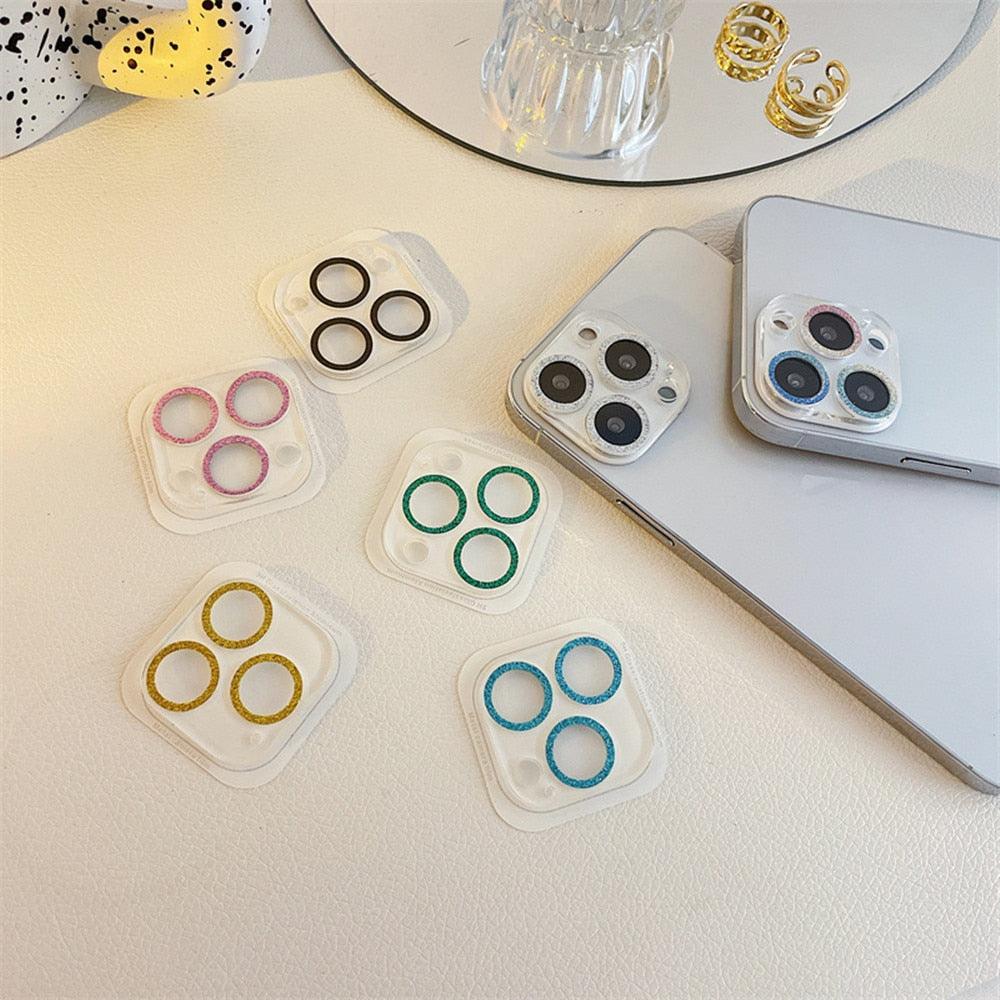 Glitter Camera Protector Glass For iPhone 14 13 12 Pro Max 11 Mini Diamond Lens Back Cover For iPhone 14Pro 13Pro 13 Protective Sparkling Glittery Edge Cover Tempered Glass Circle by Stevvex