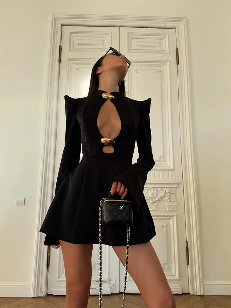 CNYISHE Metal Buckle Hollow Out Women Dresses Autum Fashion Solid O Neck Sheath Long Sleeve Sexy Club Female Bodycon Chic Robes