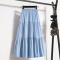 Spring Summer Women Skirts Vintage High Waist Elastic Patchwork White Black Chic Long Cake A-line Skirt