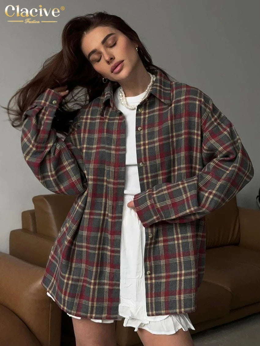 Clacive Fashion Loose Plaid Women's Shirt 2025 Vintage Lapel Long Sleeve Blouses Elegant Classic Blusas Top Female Clothing