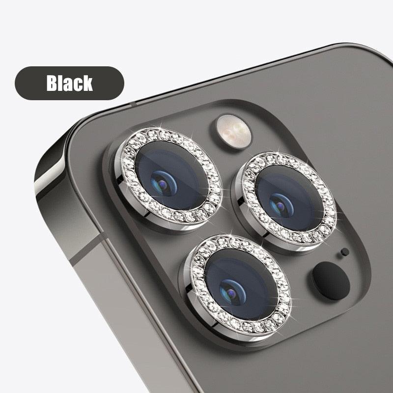Glitter Diamond Rhinestones Metal Ring Camera Tempered Glass For iPhone 11 12 13 14 Pro Max Mini Plus Lens Protector Full Cover 9H Tempered Glass Camera Lens Protector Metal Single Ring Full Coverage Camera Lens Protector by Stevvex