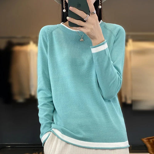 100% Cotton Knitwear Women's Round Neck Sweater Spring And Summer New Loose Color Matching Cotton And Linen Bottoming Shirt by Urban Fashion Icon