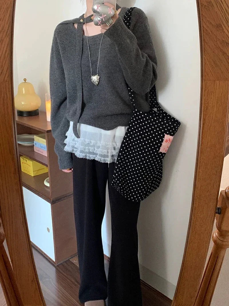 Solid Harajuku White Beige Mesh Lace Skirt Y2k Korean Girl Stacked Skirt Chic Apron Wrap Skirt Lace Up Matching Pants Streetwear