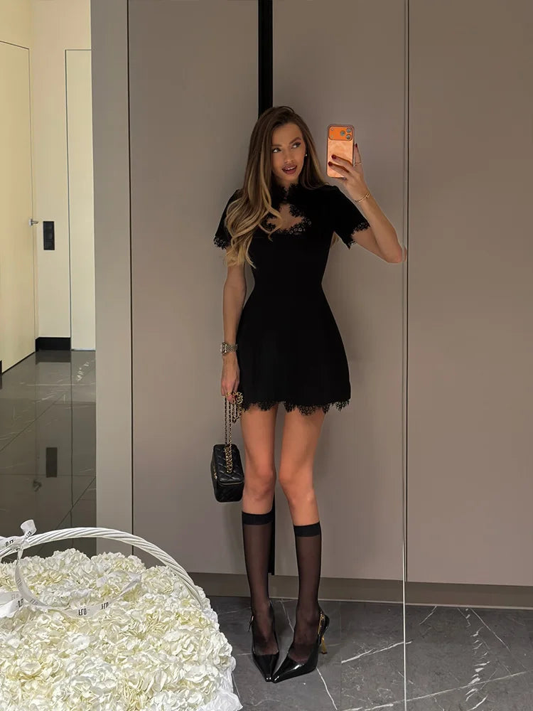Ahagaga Sexy Women's Mini Dresses Patchwork Short Sleeves Lace Hollow Out Slim Fit Trend Baisc Turtleneck Streetwear Female Robe