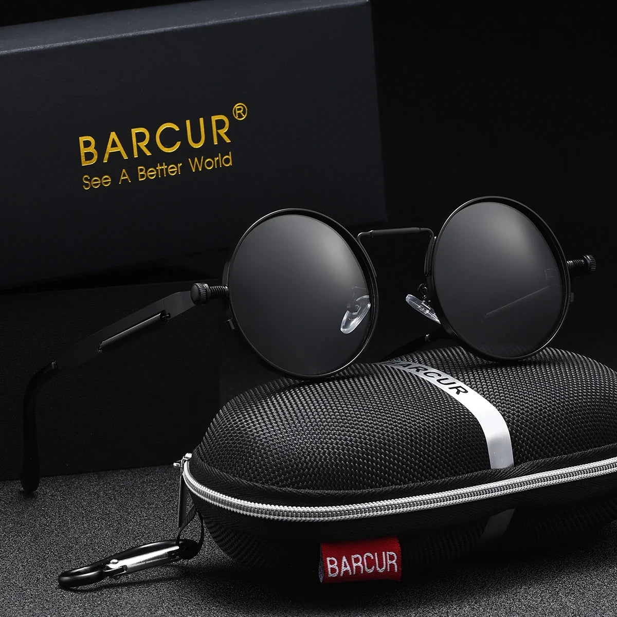 BARCUR Polarized Round Steampunk Sunglasses for Men – Retro Fashion Stainless Steel Frame with UV400 Protection and Spring Hinges – Luxury Vintage Style Circular Sun Glasses for Women & Men Perfect for Outdoor Travel and Summer Events