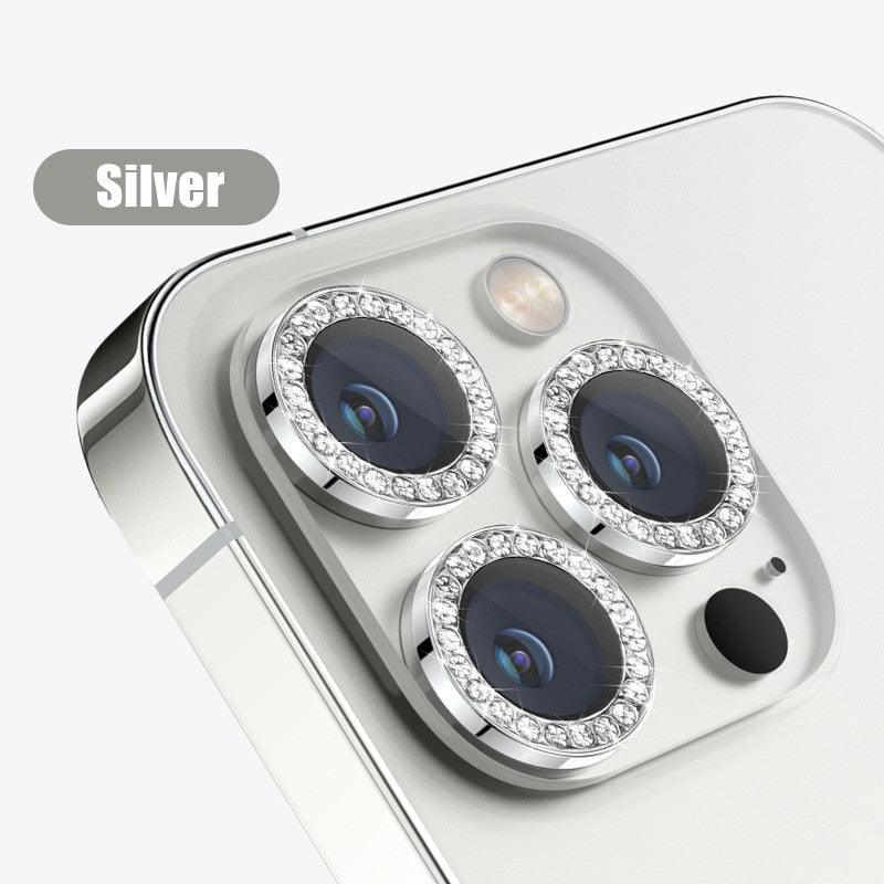 Glitter Diamond Rhinestones Metal Ring Camera Tempered Glass For iPhone 11 12 13 14 Pro Max Mini Plus Lens Protector Full Cover 9H Tempered Glass Camera Lens Protector Metal Single Ring Full Coverage Camera Lens Protector by Stevvex