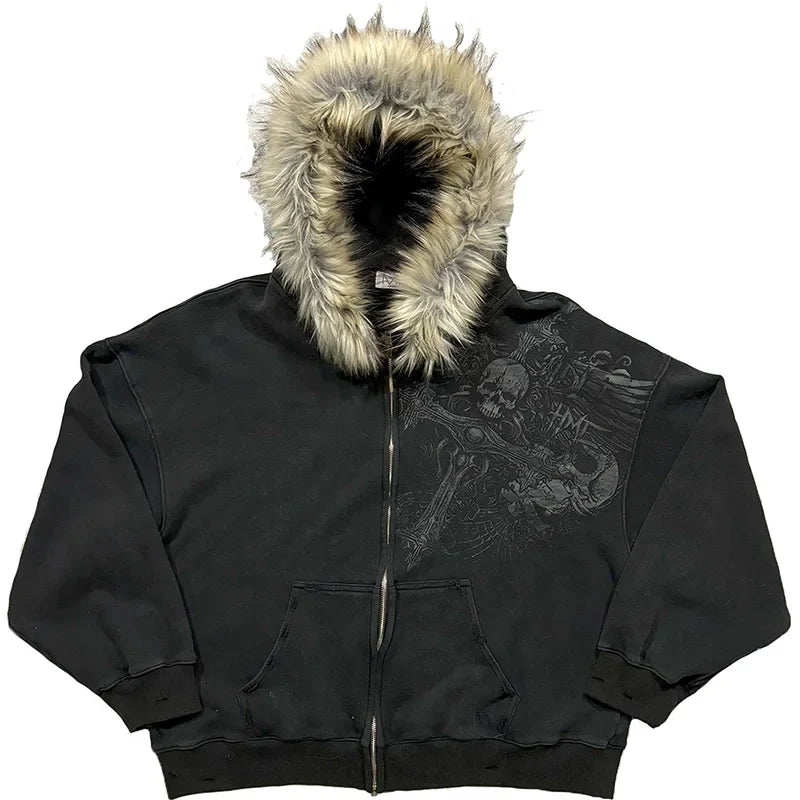 Autumn/Winter Y2k Women Aesthetic Harajuku Faux Fur Collar Hoodies Clothes Graphic Hip Hop Punk Gothic Zip Up Hoodies 2026 new
