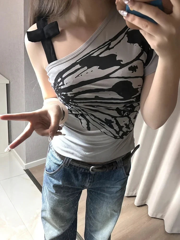 Sexy Off shoulder Summer T shirt Women Korean Harajuku Aesthetic Print Short sleeve Body Tops Female Tees Cotton Front Bow Tied