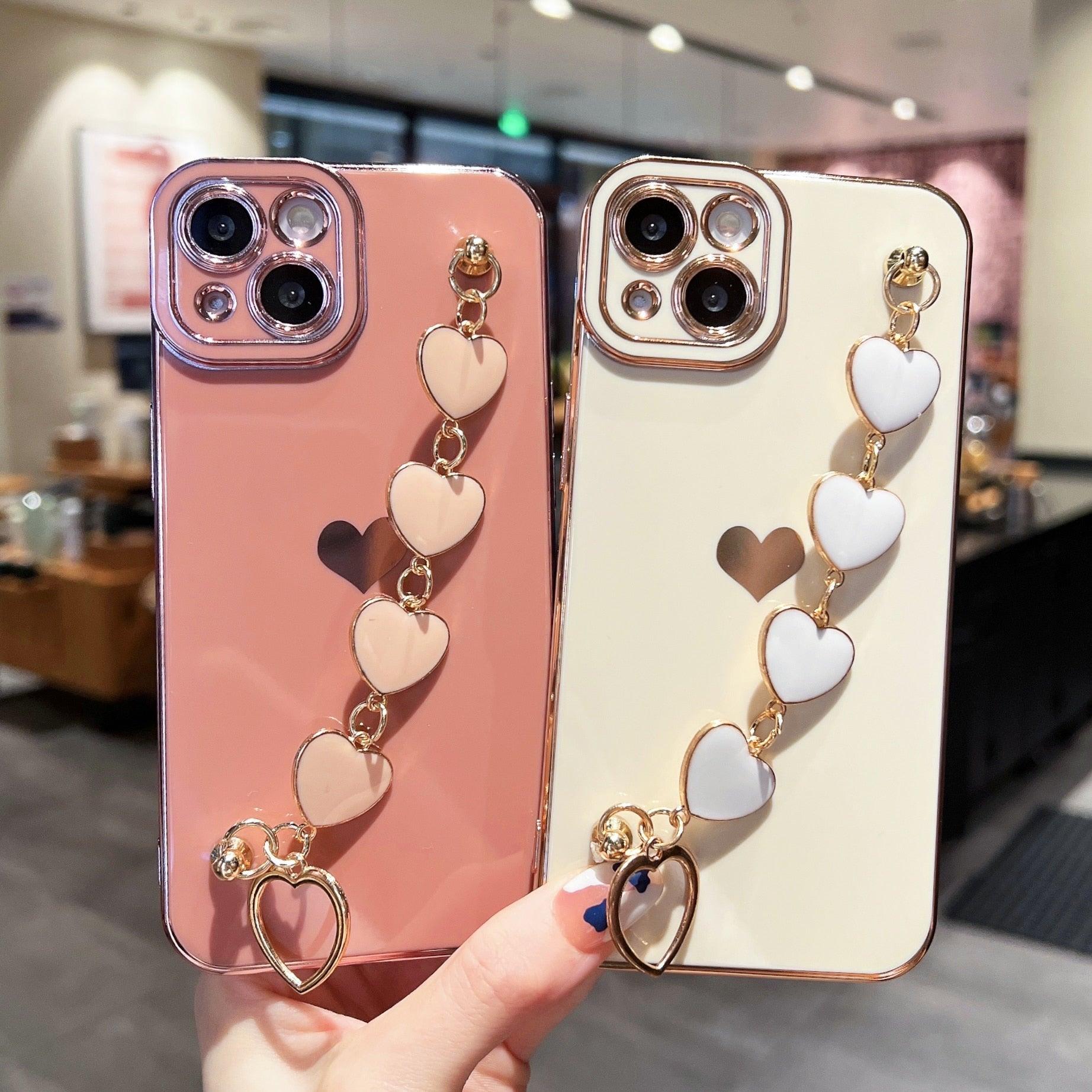 Luxury Love Heart Elegant Sparkle Case With Chain Bracelet Strap Soft Protective Bumper Cover Compatible with iPhone Bracelet soft case for iPhone 12 Pro Max 11 pro max X XS XR 7 8 Plus Stylish Phone Cover by Stevvex