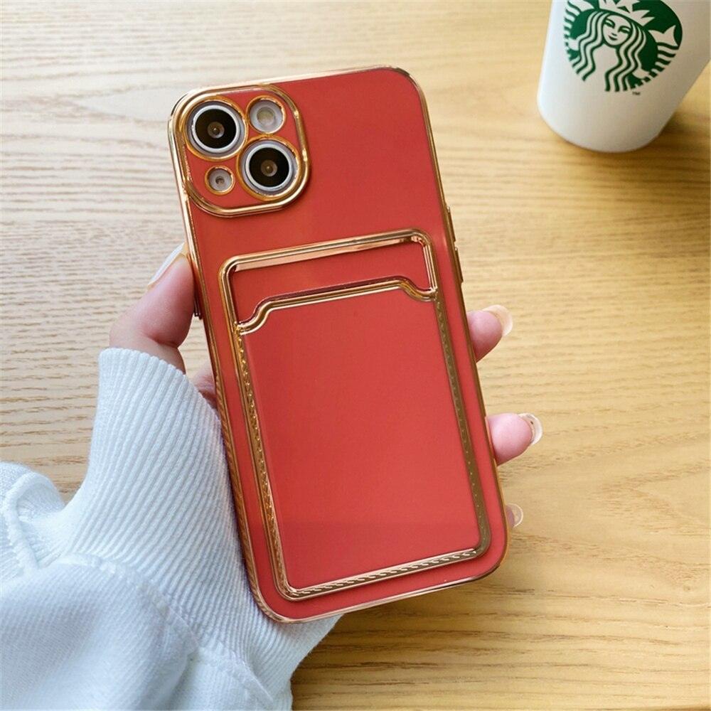 Luxury Plating Silicone Card Slot Holder Case For iPhone 14 12 13 Pro Max Elegant Women Soft Wallet Shockproof Cover Soft Bumper Beautiful Shiny Color Smartphone Case For Women by Stevvex