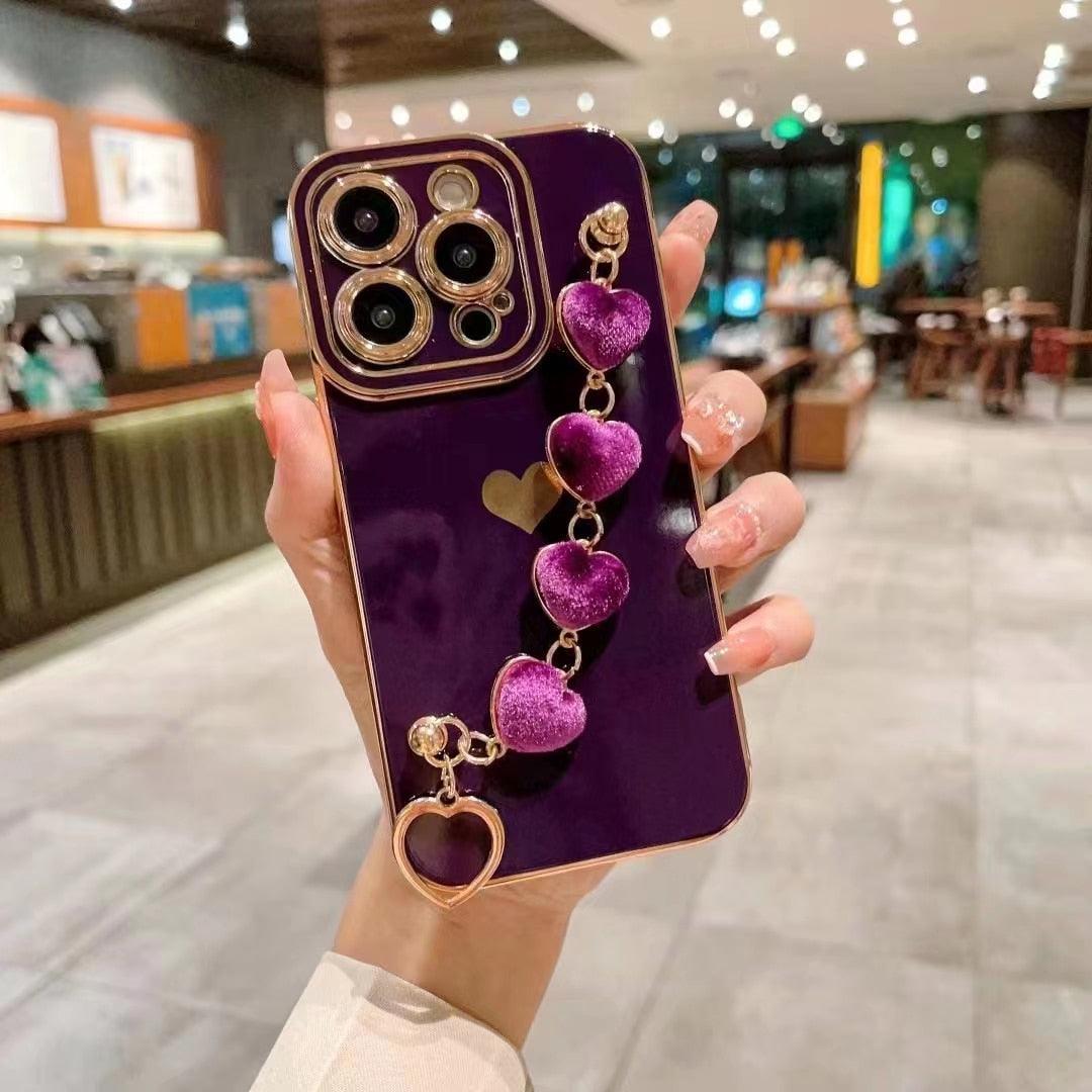 Luxury Love Heart Elegant Sparkle Case With Chain Bracelet Strap Soft Protective Bumper Cover Compatible with iPhone Bracelet soft case for iPhone 12 Pro Max 11 pro max X XS XR 7 8 Plus Stylish Phone Cover by Stevvex