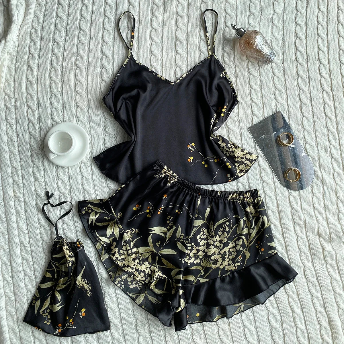 Elegant Floral Print Cami Tops Ruffle Hem Shorts Pajama Set  Women's Sleepwear Loungewear