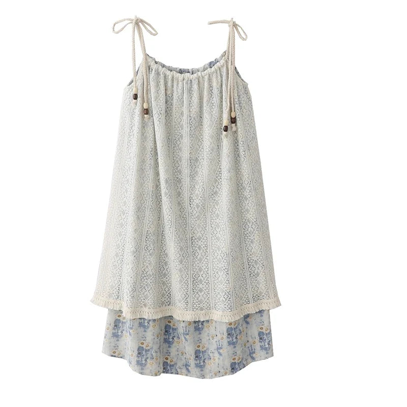 Women's Summer New French Resort Style Lace Spliced Suspender Dresses Female Slimming Temperament Age-reducing Mid-length Dress