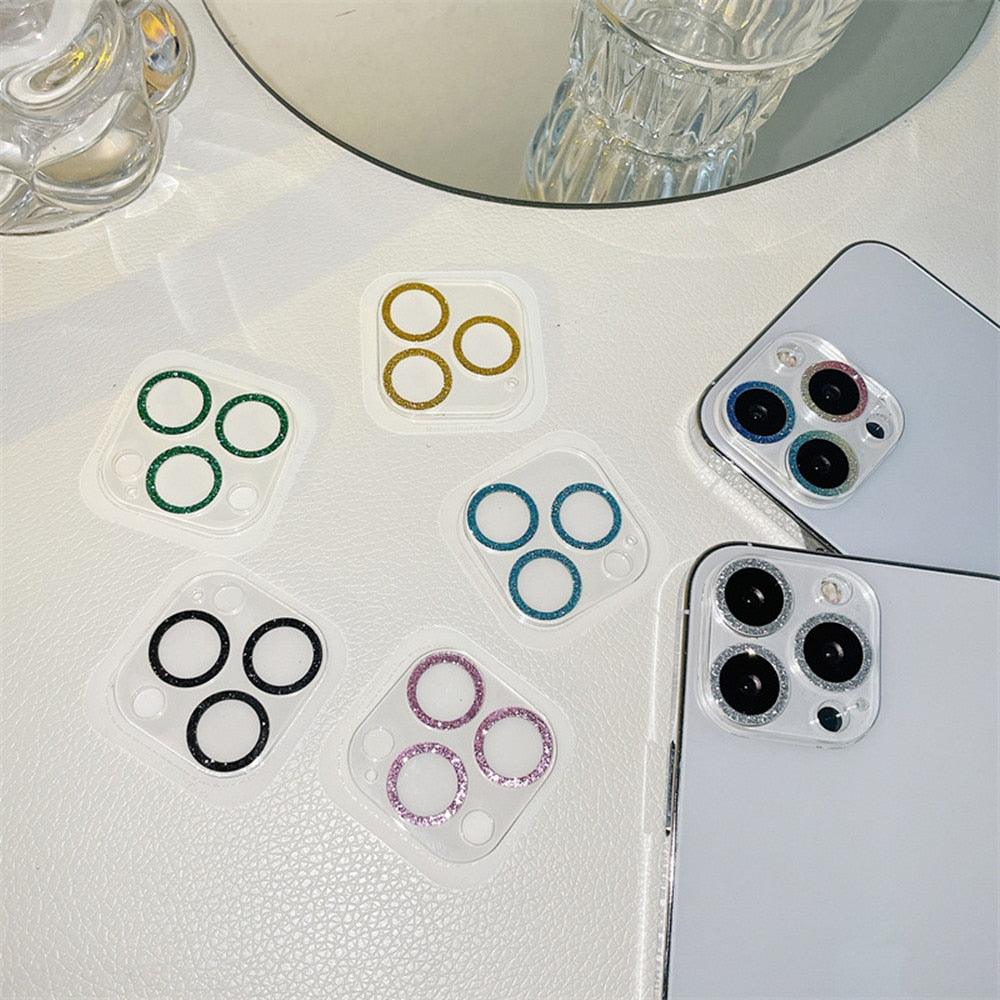 Glitter Camera Protector Glass For iPhone 14 13 12 Pro Max 11 Mini Diamond Lens Back Cover For iPhone 14Pro 13Pro 13 Protective Sparkling Glittery Edge Cover Tempered Glass Circle by Stevvex